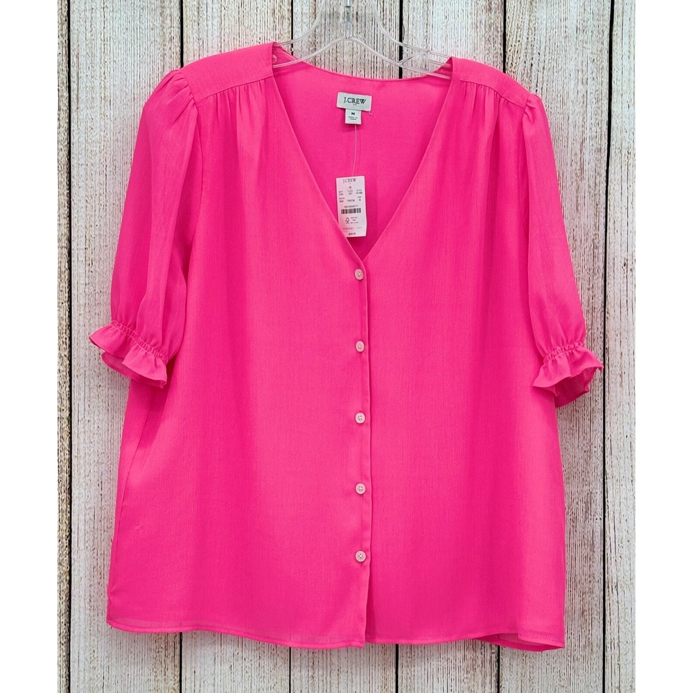 J Crew V Neck Puff Sleeve Top Women's Size Medium Pink‎ Button Up Blouse NEW